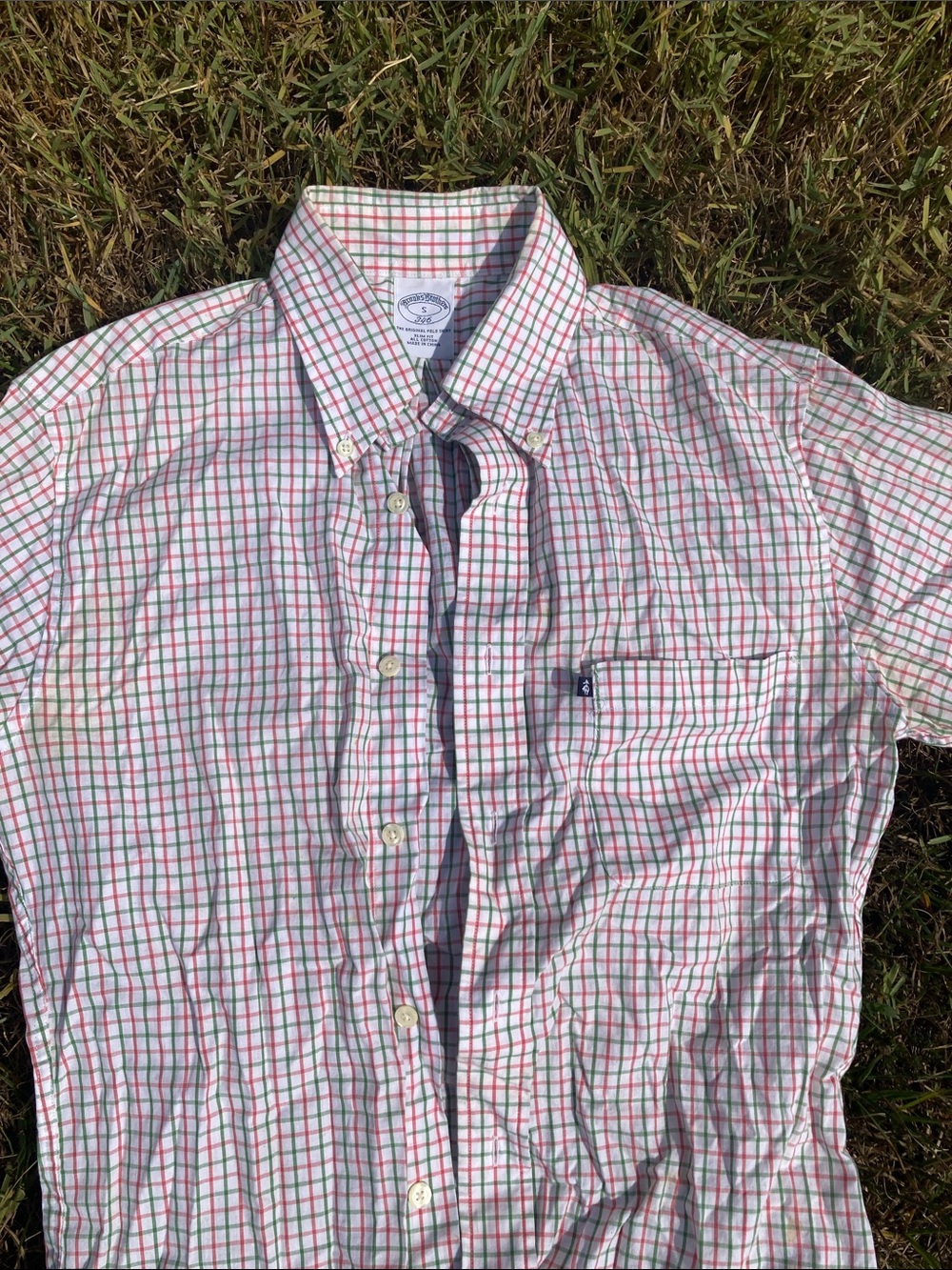 Mens Brooks Brother White Button-Down Plaid Shirt with Red & Green Checks